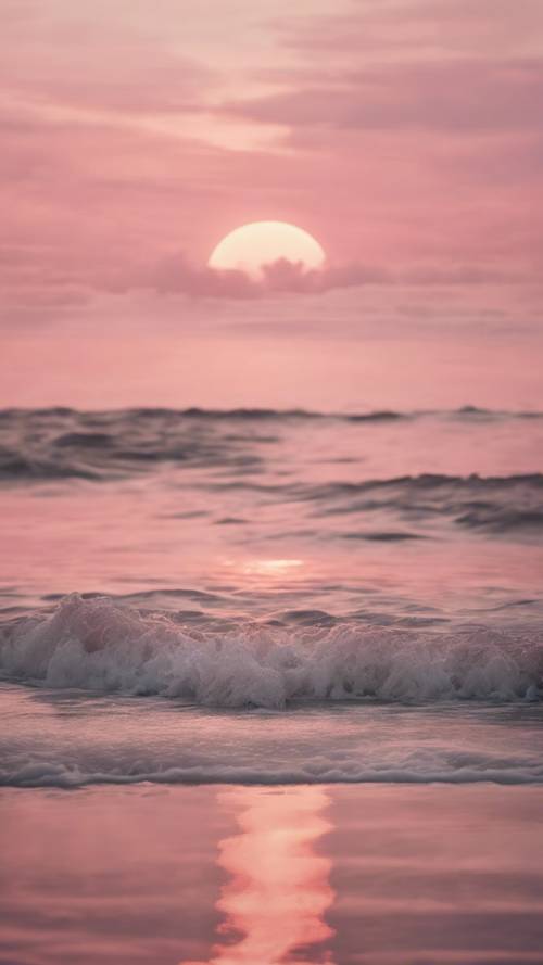 A dusty pink sunset over a tranquil ocean, reflecting soft hues on the water.