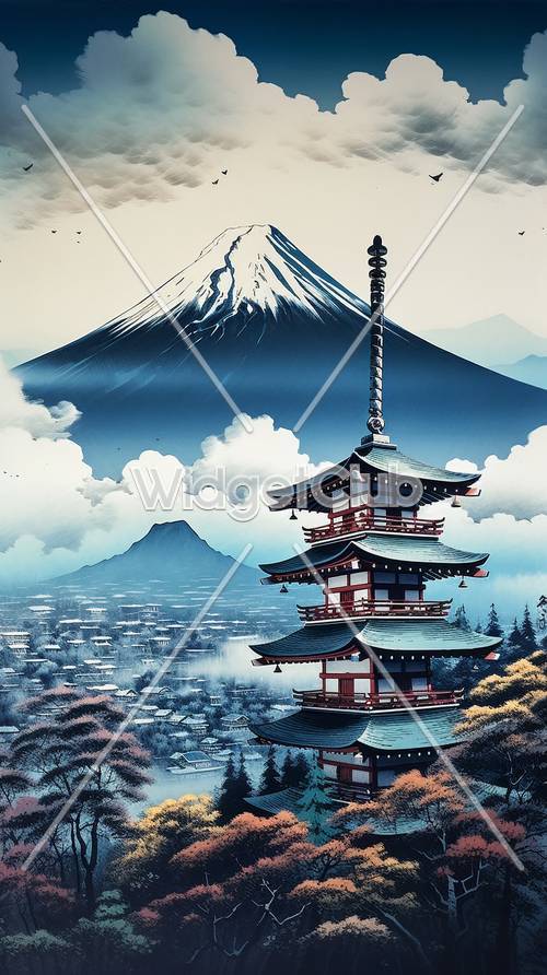 Stunning View of Mount Fuji and Japanese Pagoda کاغذ دیواری [c95c2a1c8b68416796d9]