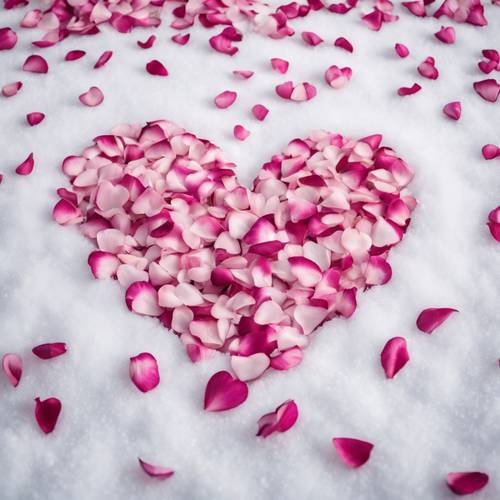 一颗由浪漫的粉红玫瑰花瓣做成的心，与纯白的雪形成鲜明对比。