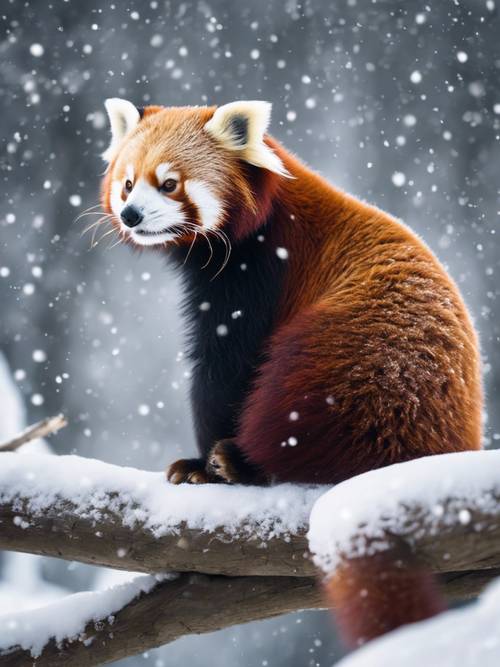 Um panda vermelho no inverno, seu pelo parecendo ainda mais marcante contra a neve.