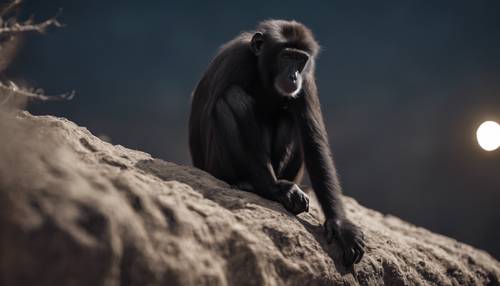 A thoughtful black monkey languidly scratching its head, lost deep in contemplation under a moonlit sky.