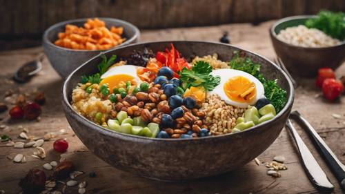 Grain bowls presented creatively against a rustic background, encouraging balanced diet.