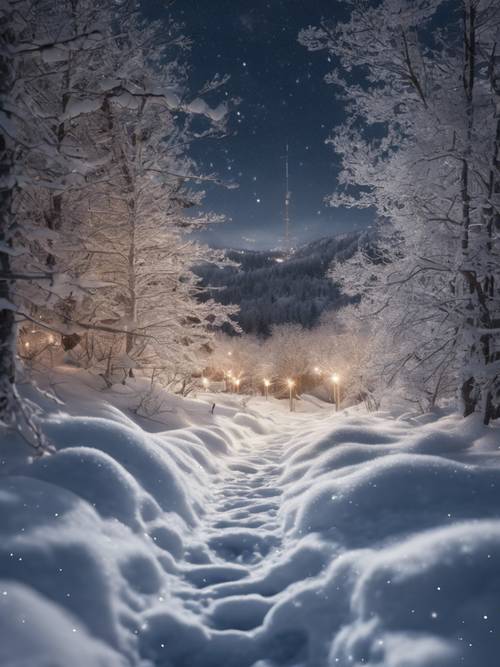 冬夜星光灿烂，静谧美丽，雪景宁静。