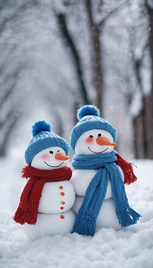 Una adorable familia de muñecos de nieve vestidos con bufandas azules en un día nevado.