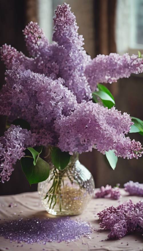 Una mesa puesta con un jarrón de lilas frescas y purpurina esparcida.