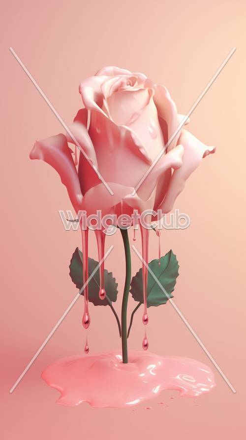 ピンクのバラがキラキラ光る赤いしずくをたらしている壁紙