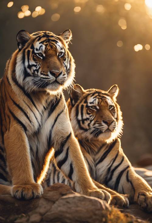 Группа тигров, греющихся в лучах заходящего солнца, их золотые шкуры переливаются лучами.