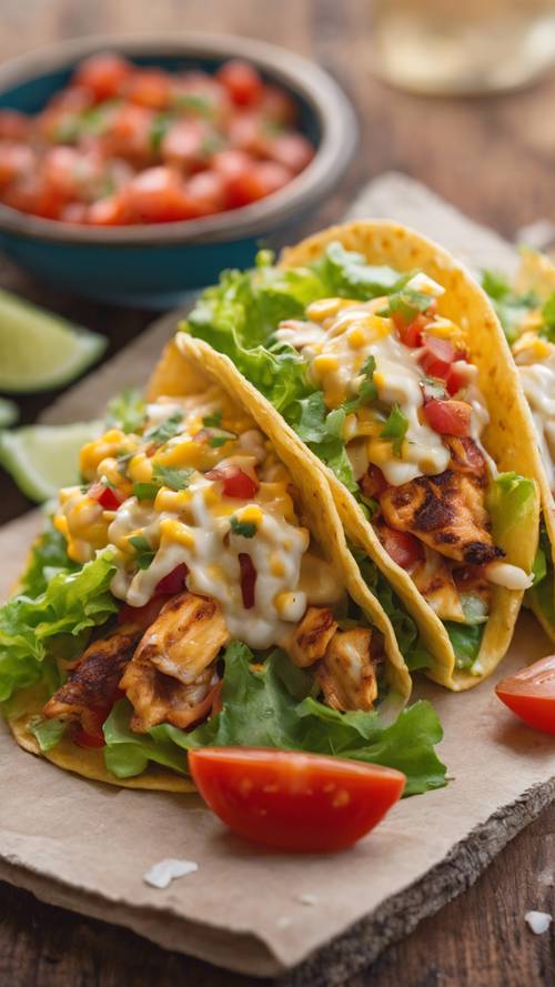 A tasteful close-up of a traditional Mexican taco filled with juicy grilled chicken, fresh green lettuce, chopped tomatoes, topped with mild cheddar cheese, and drizzled with tangy salsa, all encased within a perfectly toasted corn tortilla.