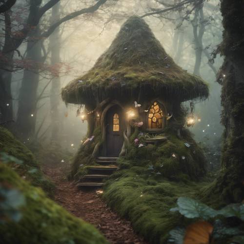 A magical fairy's nook nestled in a fog laden forest, tiny glowing creatures fluttering around.