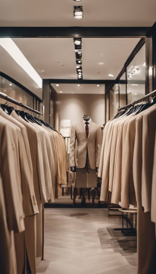 A high-end fashion showroom, with beige suits, ties, and dresses prominently displayed.