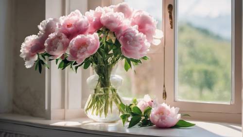 A marble vase filled with fresh cut peonies sitting by an open window, with a sunny landscape in the background.