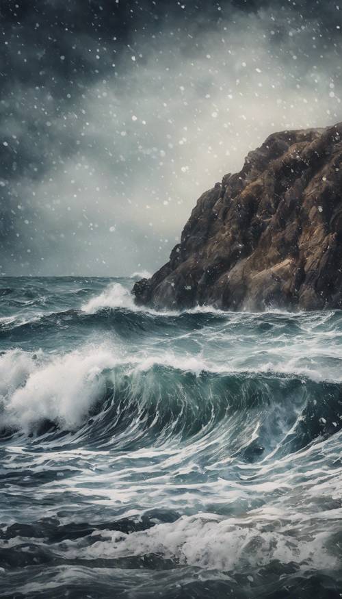 Ein Aquarellbild eines dunklen, stürmischen Meeres mit aufregenden Wellen.