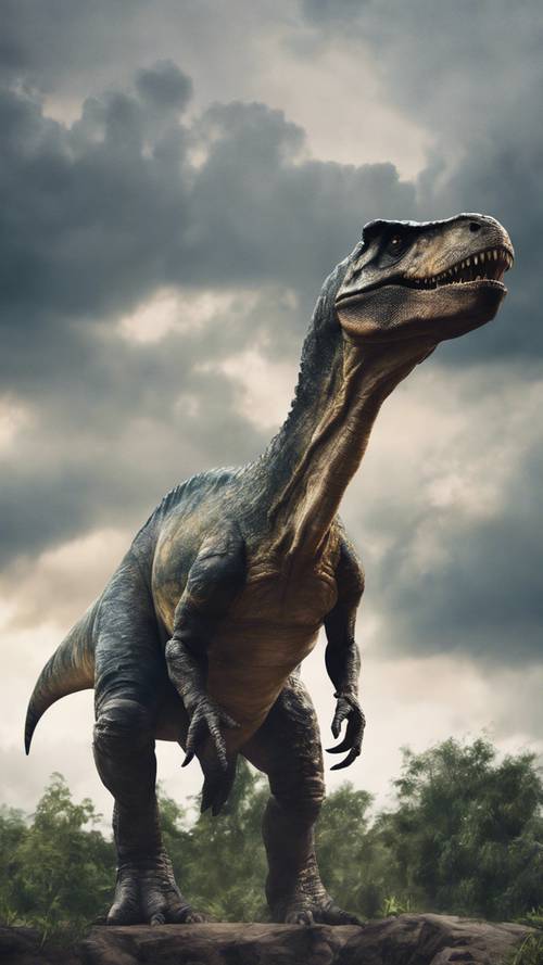 A watercolor painting of a dramatic dinosaur standing tall against a stormy sky. Tapeta [6d798c2457a34e8caed1]