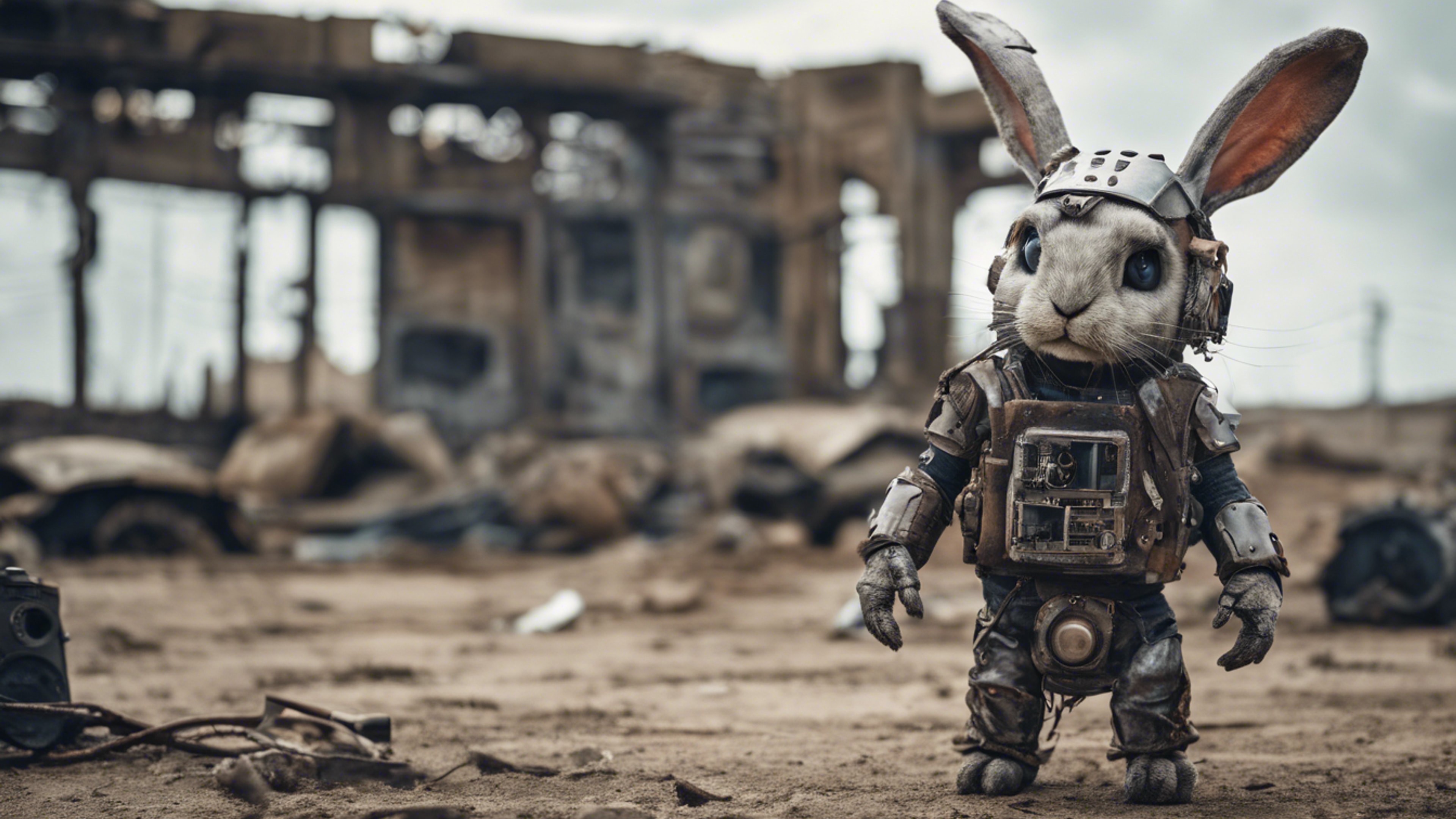 A post-apocalyptic scenario featuring a cyborg rabbit in a desolate wasteland. Wallpaper[92bb3fc1507c4f1094fc]