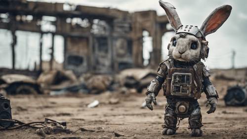 Postapokaliptyczny scenariusz przedstawiający królika-cyborga na opuszczonym pustkowiu.