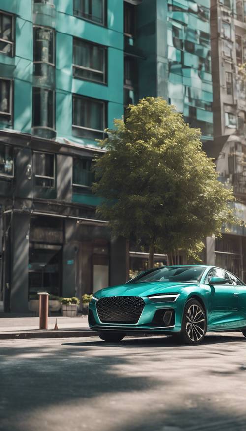 Ein elegantes, modernes Auto mit blaugrünem Metallic-Lack, das vor dem Hintergrund einer Stadt in der Mittagssonne glitzert.
