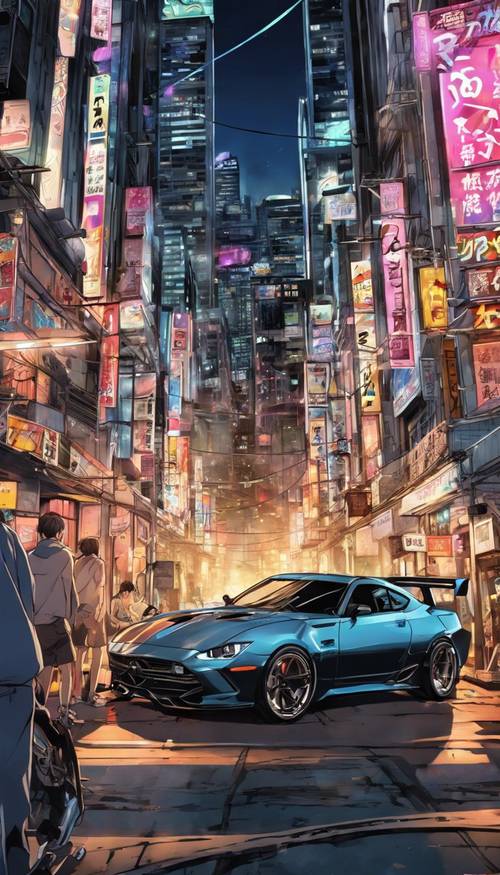 Actiongeladenes nächtliches Straßenrennen im Anime-Stil in Tokio.