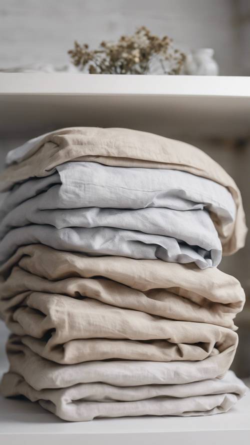 A stack of freshly washed and ironed natural linen bedsheets on a white wooden shelf.