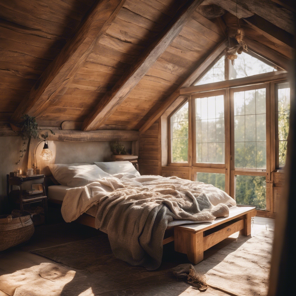 A rustic, cottagecore bedroom with a comfy quilted bed, wooden beams, and soft, streaming sunlight from the window. Tapetai[d8168db8c1f14da3af7d]
