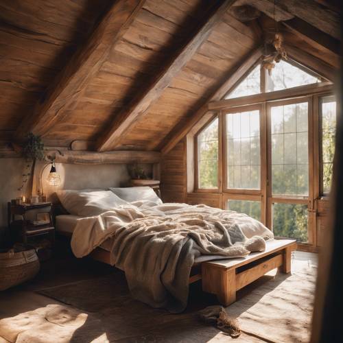 A rustic, cottagecore bedroom with a comfy quilted bed, wooden beams, and soft, streaming sunlight from the window.