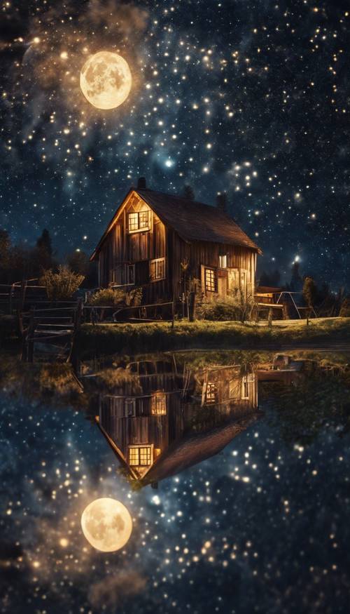 Starry night sky beautifully illuminating a quiet remote village. Шпалери [261baab0c7254496a46d]