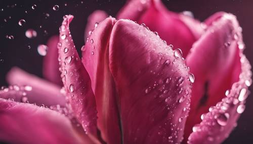 Bidikan makro kelopak tulip merah muda gelap, ditutupi tetesan air kecil.