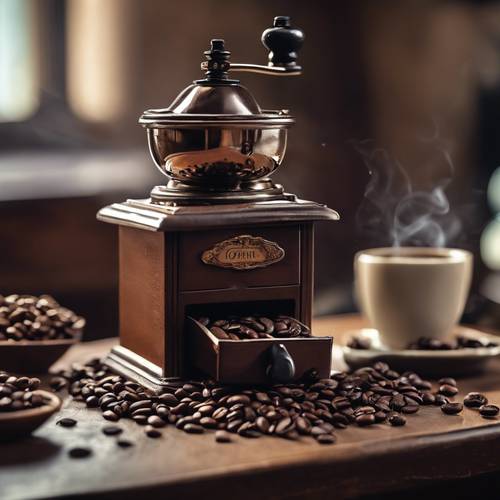 Estetyczny obraz przedstawiający ciemnobrązowe ziarna kawy, zabytkowy młynek do kawy i parujący kubek.