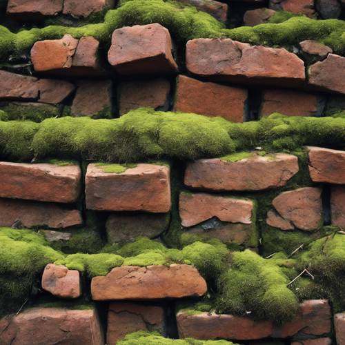 A close-up of rustic bricks with moss growing between the cracks.