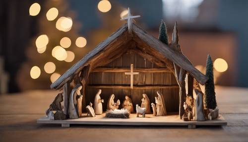 A rustic wooden Nativity scene set against the backdrop of a small, country church.