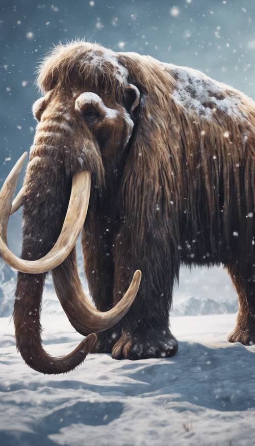 Szczegółowy obraz przedstawiający starożytnego mamuta włochatego w śnieżnej tundrze.