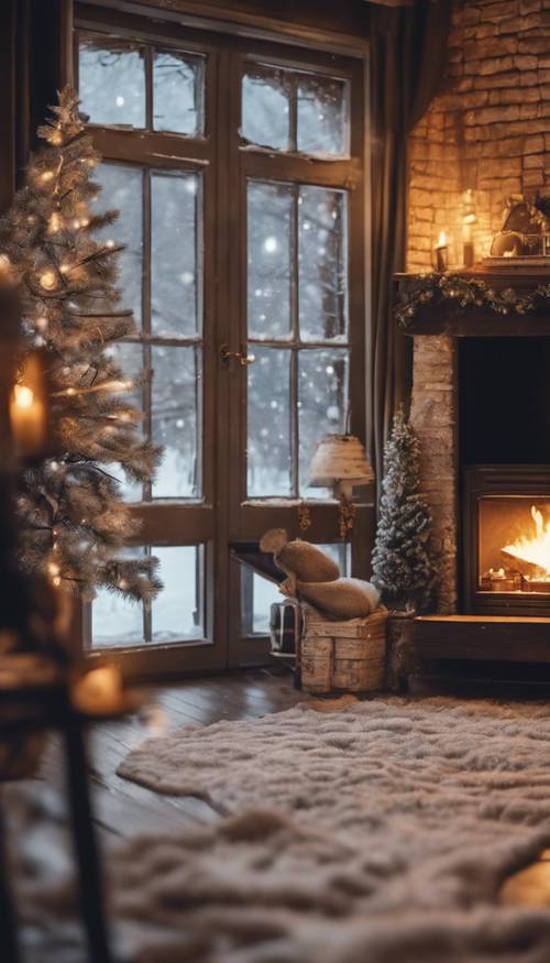 Un soggiorno accogliente e raffinato, con decorazioni natalizie, un camino spento e finestre che raffigurano la neve che cade.