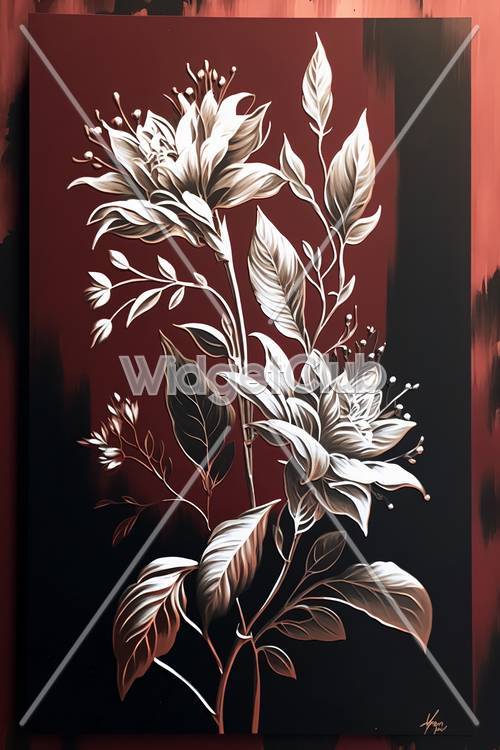 Elegant Floral Art on Dark Red Background