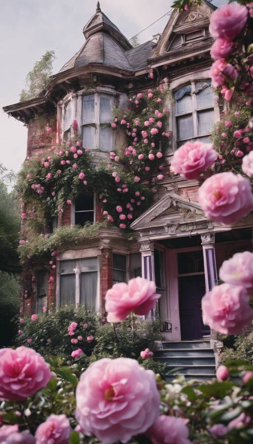 Sebuah rumah tua era Victoria dengan taman depan dipenuhi bunga kamelia merah muda dan clematis ungu.