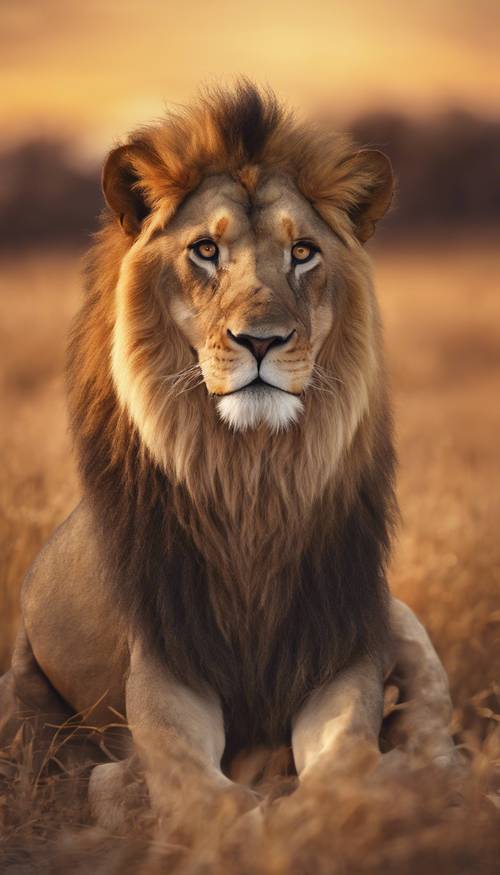 Un rendu artistique d&#39;un majestueux lion adulte pendant un coucher de soleil doré.