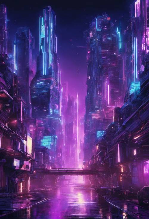 Uma pintura digitalizada moderna de uma paisagem urbana cibernética, brilhando com tons neon de azul e roxo.