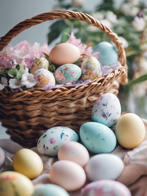預科生復活節籃子的特寫鏡頭，籃子裡裝滿了昂貴的禮物、插花和裝飾柔和的雞蛋。