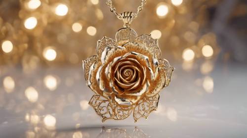 An intricate gold filigree pendant shaped like a rose