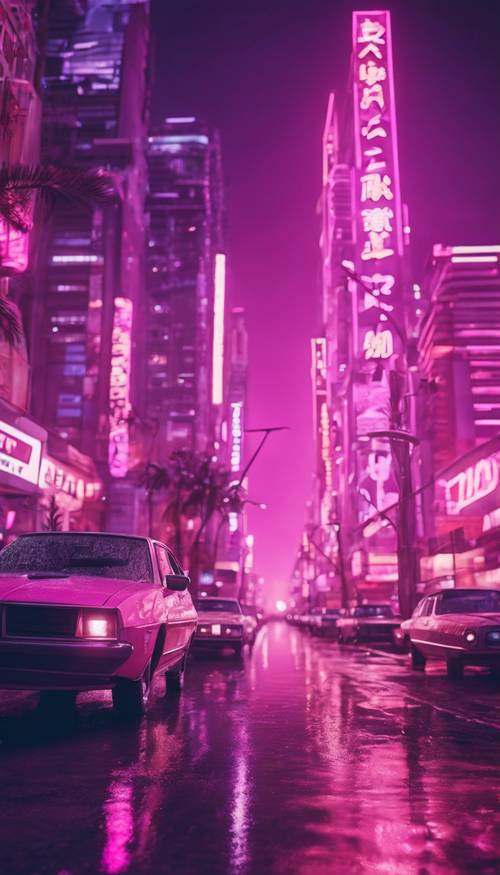 Eine retro-futuristische Stadtlandschaft bei Nacht, getaucht in von Vaporwave inspirierten Rosa- und Lilatönen.