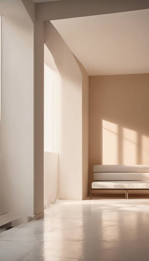 Nowoczesny i minimalistyczny pokój, którego ściany płynnie przechodzą od bieli do beżu w stylu ombre.