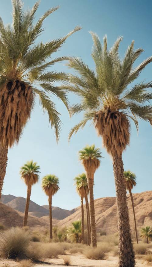 Uma família de lindas palmeiras crescendo aleatoriamente no deserto sob um céu azul claro.
