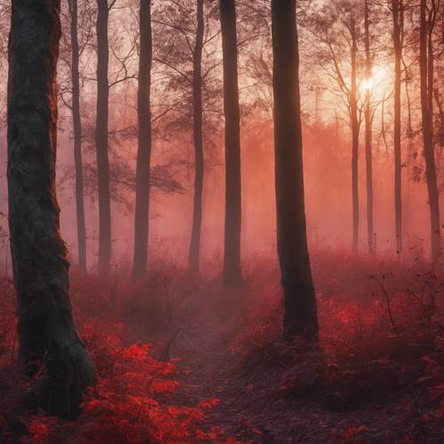 A thick deciduous forest section veiled in early morning fog with a ruby-hued sunrise on the horizon.