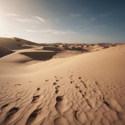 Un paysage serein d’un désert beige contrastant avec un ciel d’un bleu profond.