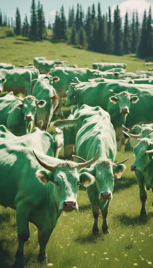 Eine große Herde mintgrüner Kühe schlendert friedlich durch eine leuchtende Almwiese.