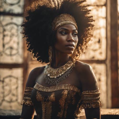 Un retrato bellamente detallado de una reina negra, con la cálida luz del sol detrás de ella.