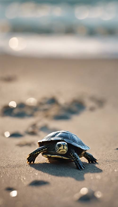 A tiny, endearing hatchling turtle making its way towards the ocean.