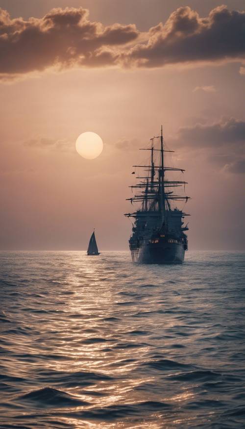 Sebuah kapal tua berwarna biru laut berlayar di laut terbuka saat matahari terbenam