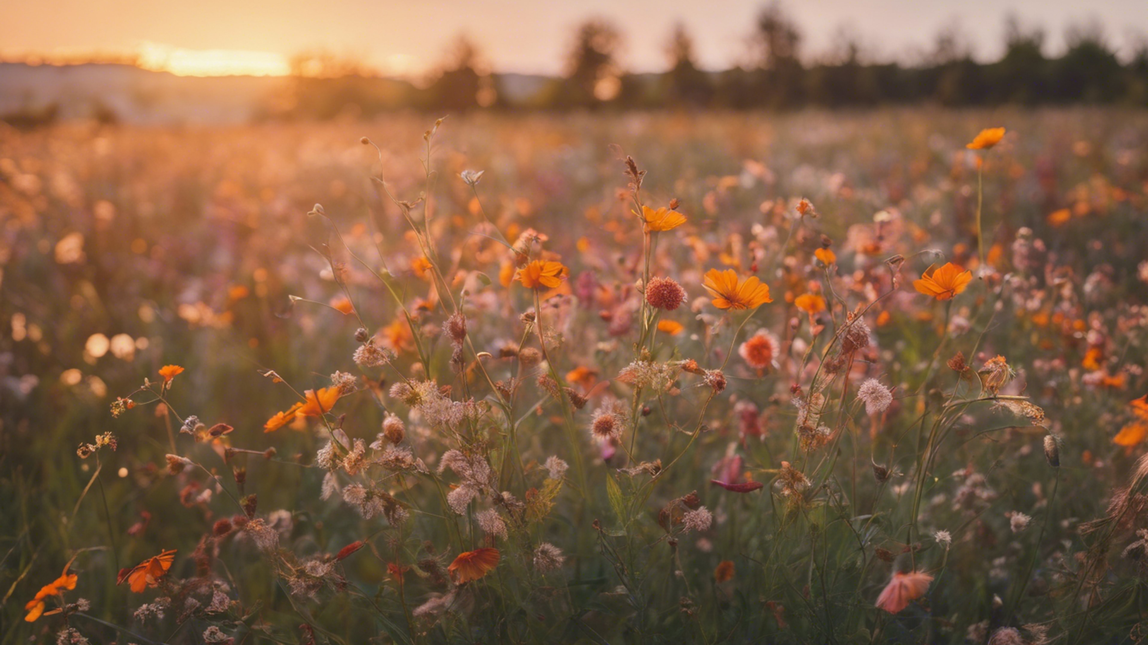 A nostalgic field of wildflowers in sunset hues. Wallpaper[1a5d684a5d8746a6914f]