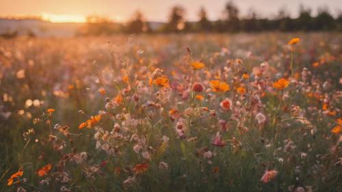Nostalgiczne pole dzikich kwiatów w odcieniach zachodu słońca.