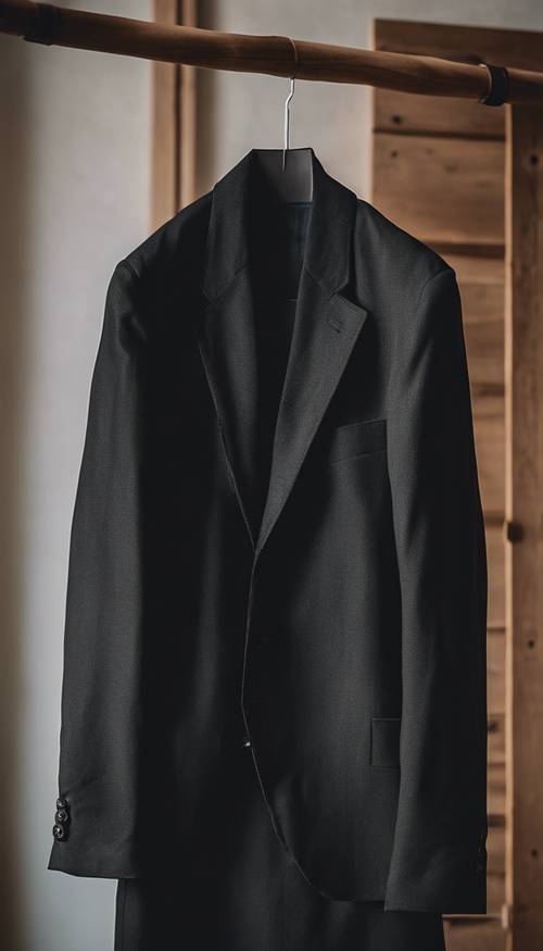 A sleek black linen blazer smartly hanging on a wooden coat hanger. Tapet [787ff1dfc7264ddab587]