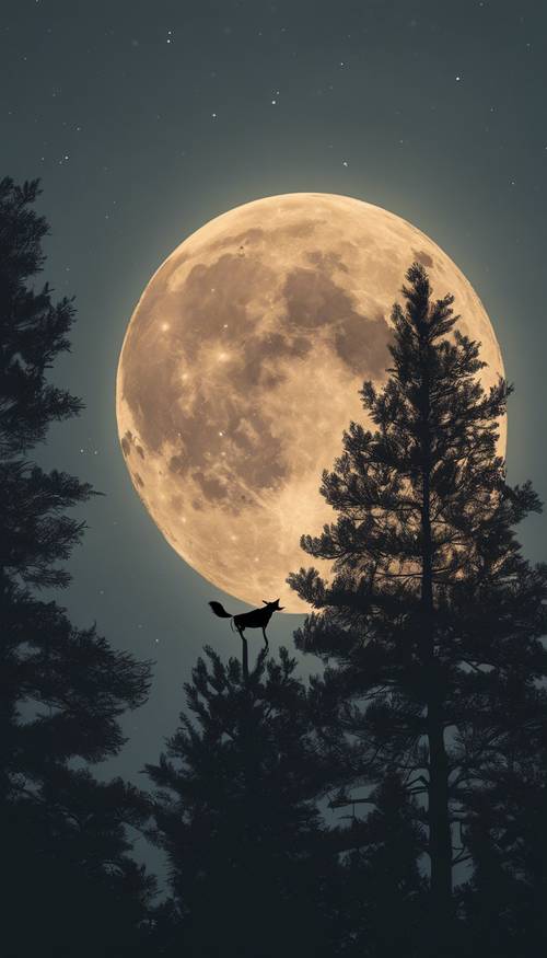 A close-up of a full moon casting a soft glow over a dark, rugged forest as a silhouette of a witch on a broomstick crosses it.